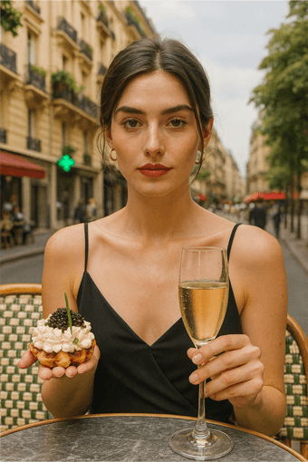 Woman holding a caviar waffle and champagne flute